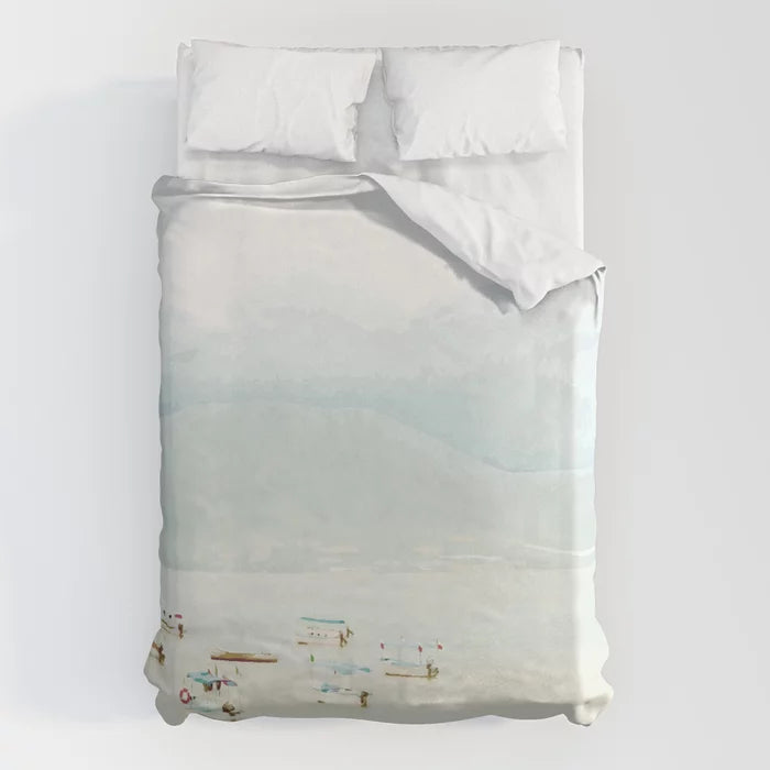 Colorful boats on a pale lake duvet