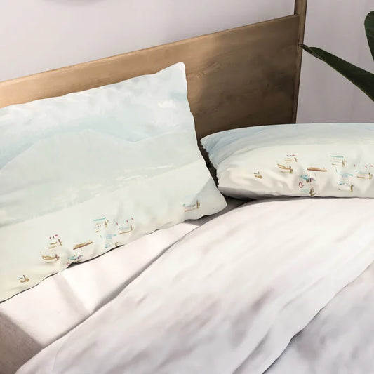 Colorful boats on a pale lake - pillow sham