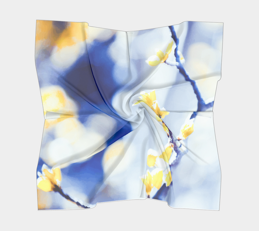 Branches and bokeh in blue and gold square scarf